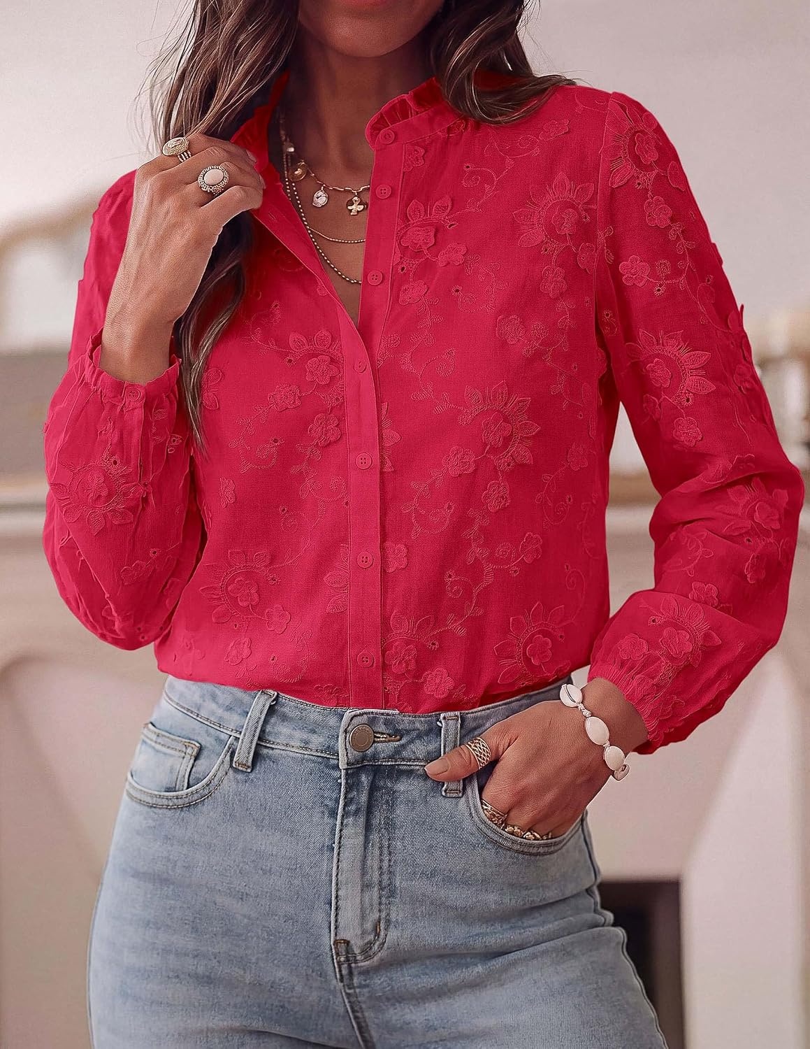image:imagePRETTYGARDEN Womens Floral Embroidered Button Down ShirtsRed
