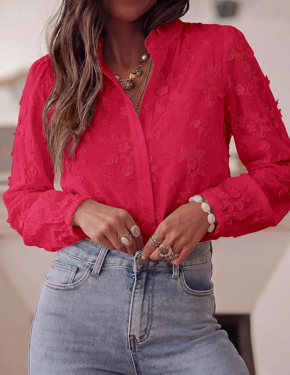 image:imagePRETTYGARDEN Womens Floral Embroidered Button Down ShirtsRed
