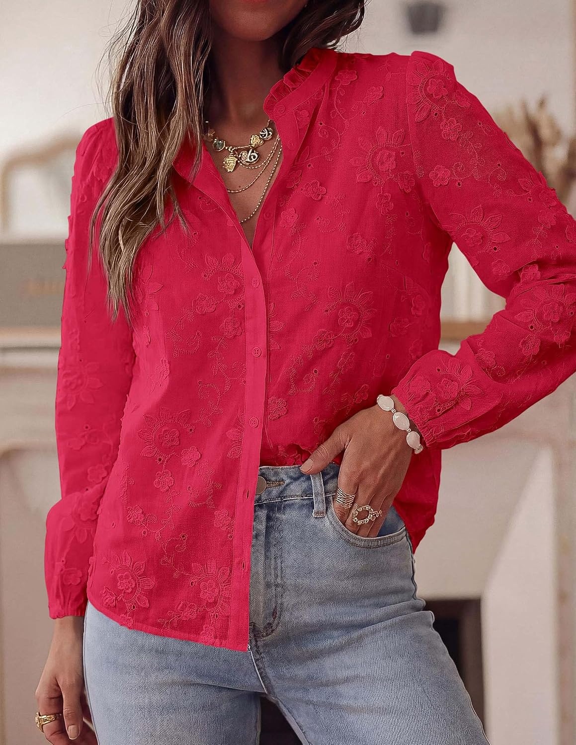 image:imagePRETTYGARDEN Womens Floral Embroidered Button Down ShirtsRed