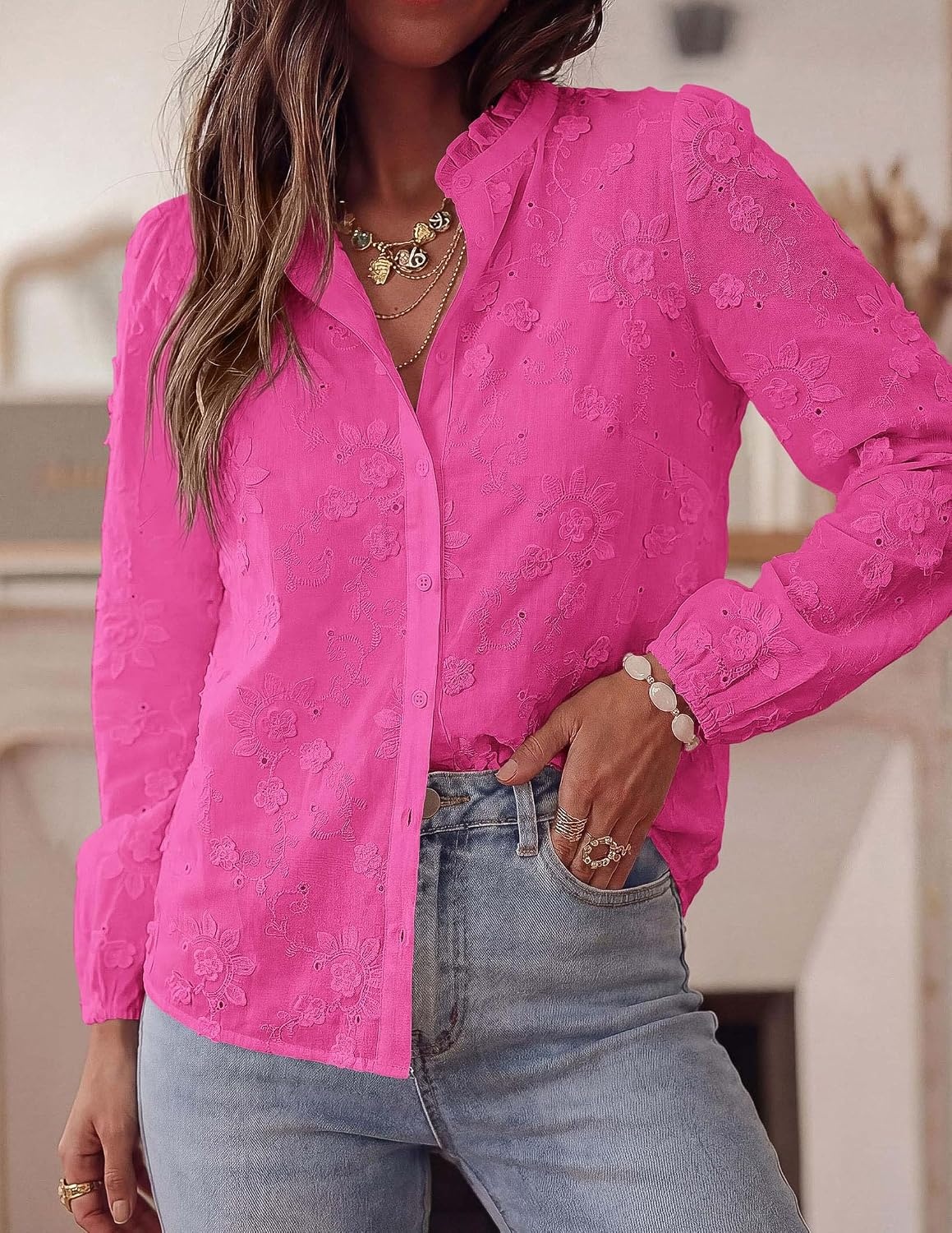 image:imagePRETTYGARDEN Womens Floral Embroidered Button Down ShirtsRose Red