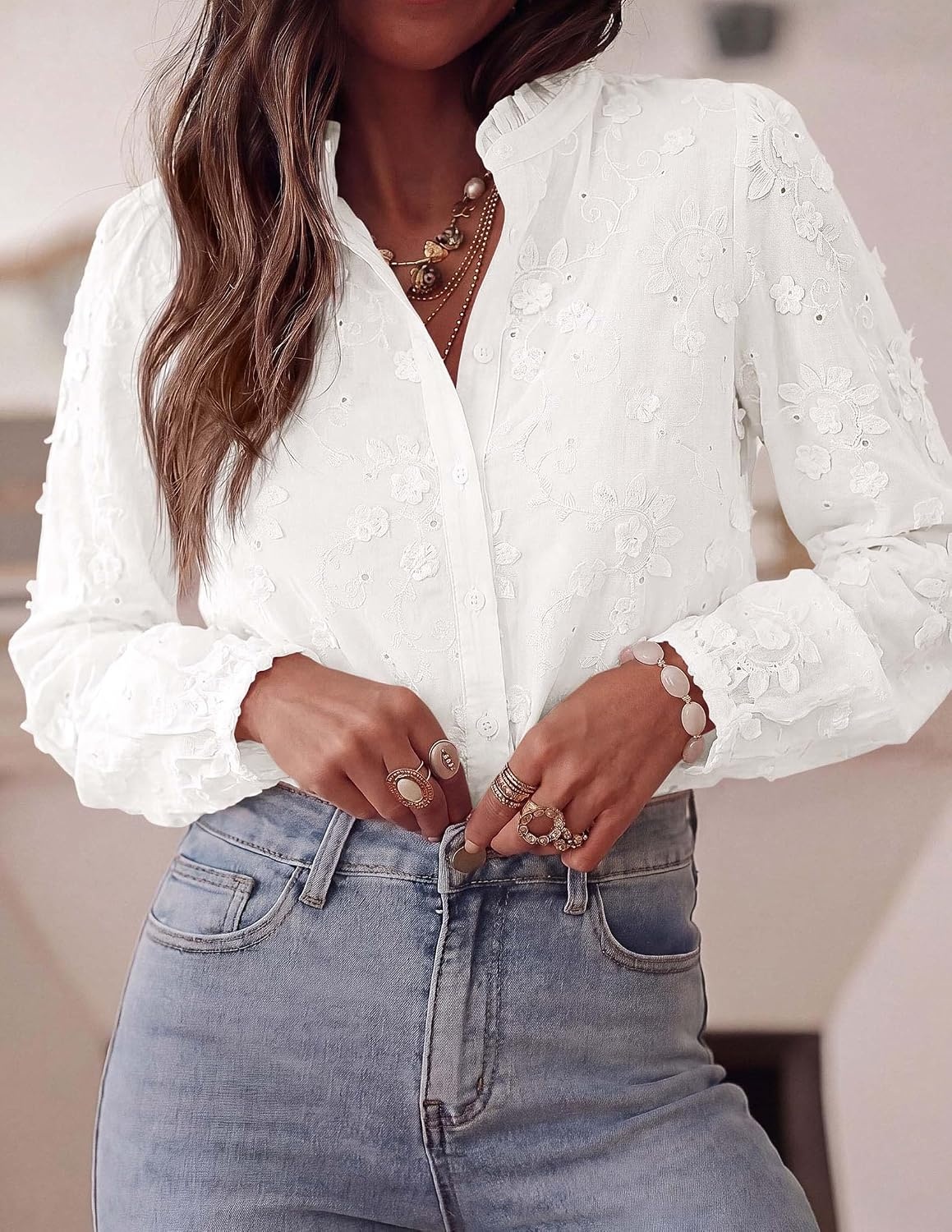 image:imagePRETTYGARDEN Womens Floral Embroidered Button Down ShirtsWhite