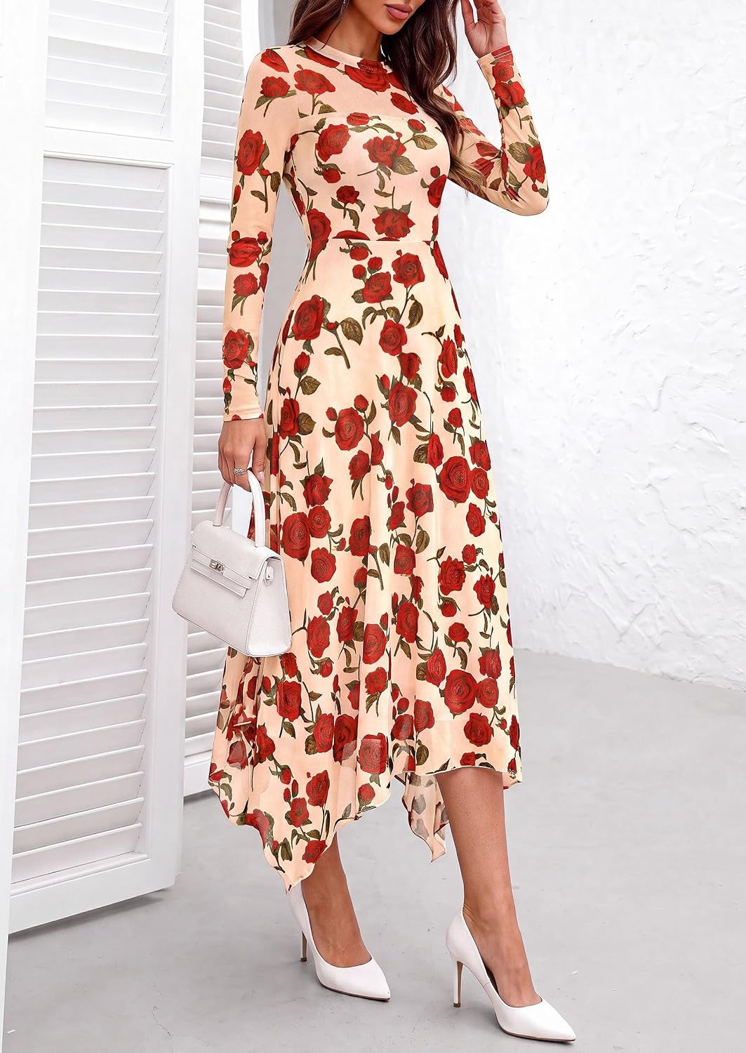 image:imagePRETTYGARDEN Womens Floral Mesh Midi DressFloral Apricot Red