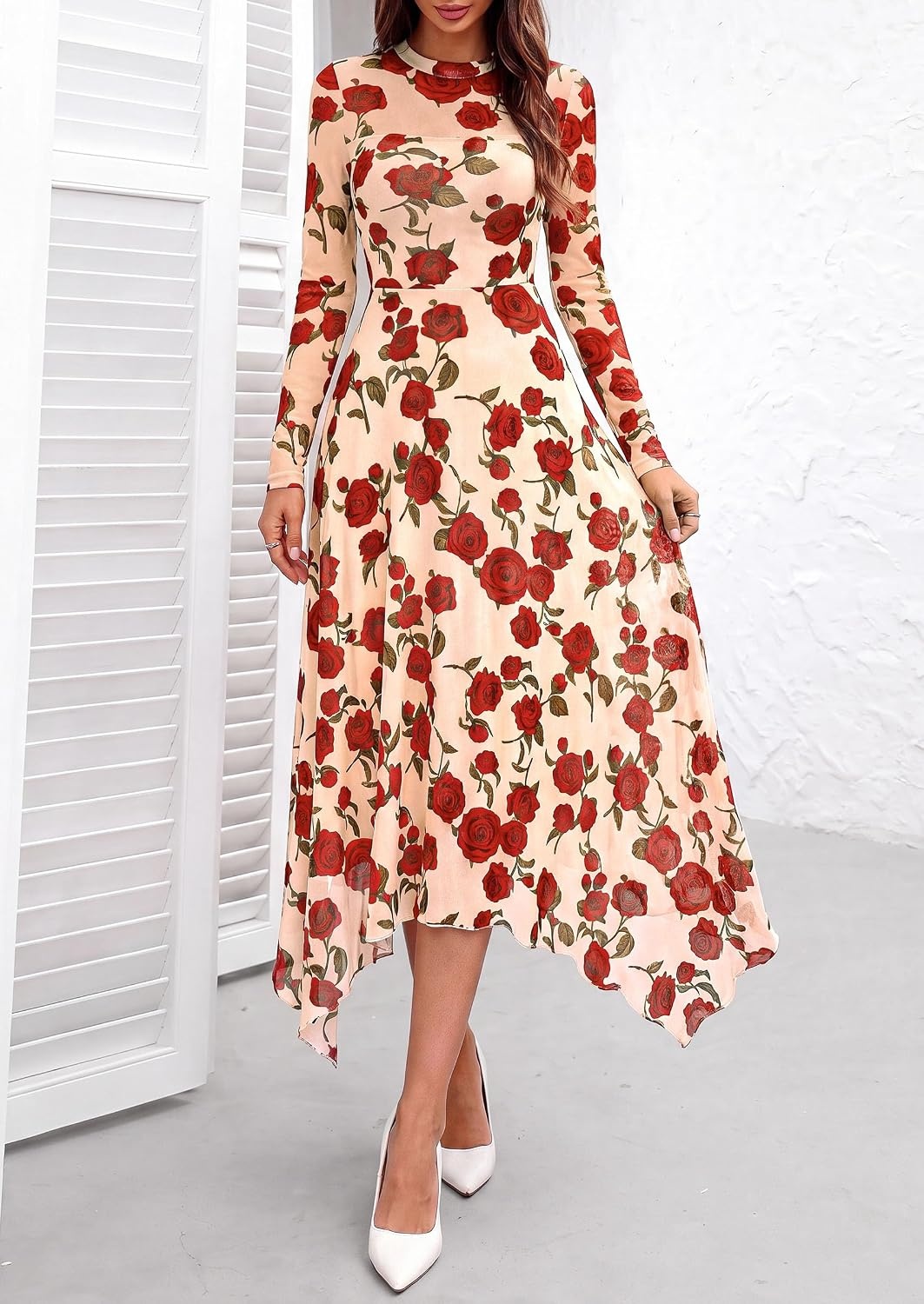 image:imagePRETTYGARDEN Womens Floral Mesh Midi DressFloral Apricot Red