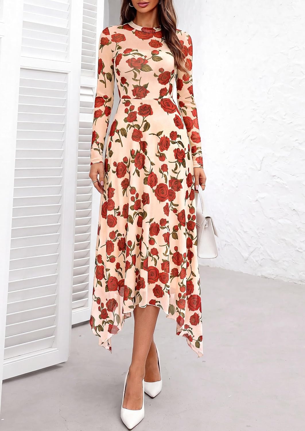 image:imagePRETTYGARDEN Womens Floral Mesh Midi DressFloral Apricot Red