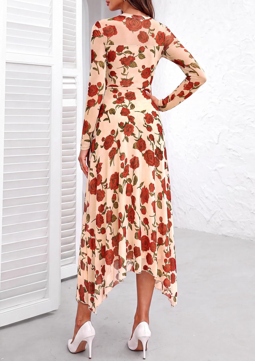 image:imagePRETTYGARDEN Womens Floral Mesh Midi DressFloral Apricot Red