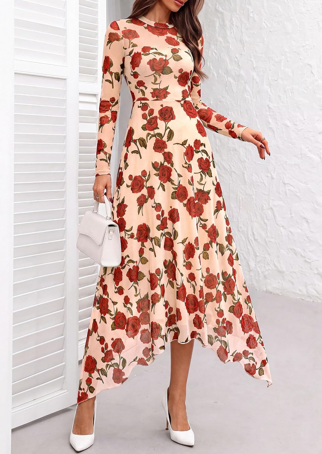 image:imagePRETTYGARDEN Womens Floral Mesh Midi DressFloral Apricot Red