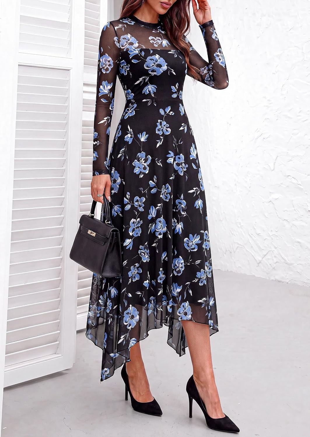 image:imagePRETTYGARDEN Womens Floral Mesh Midi DressFloral Black Blue