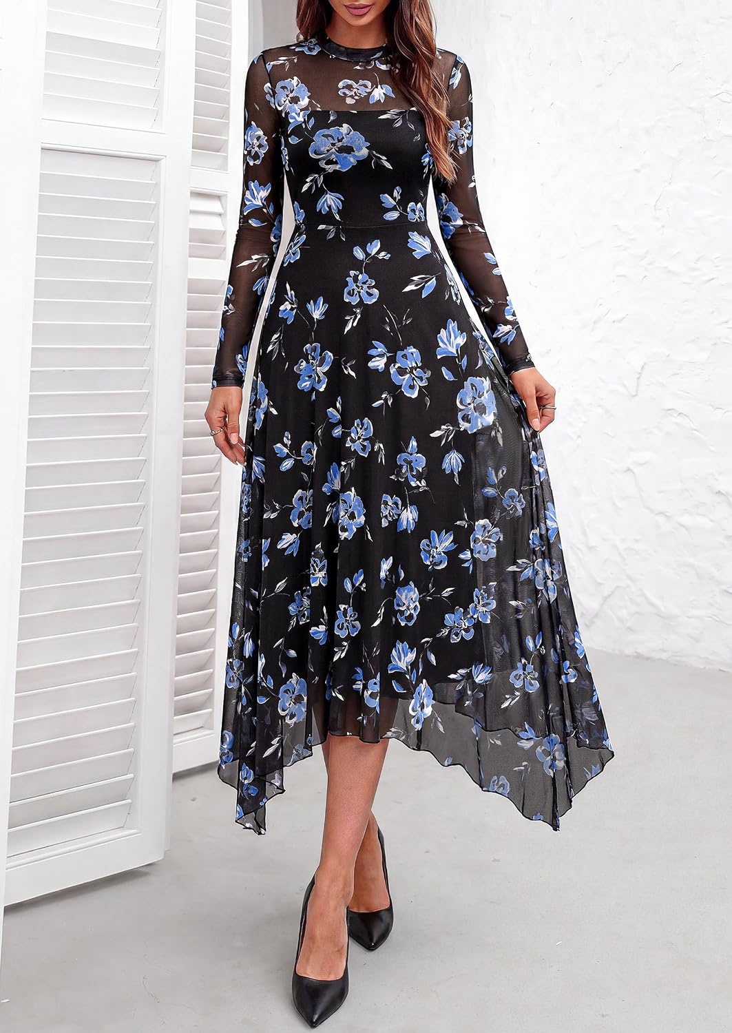 image:imagePRETTYGARDEN Womens Floral Mesh Midi DressFloral Black Blue