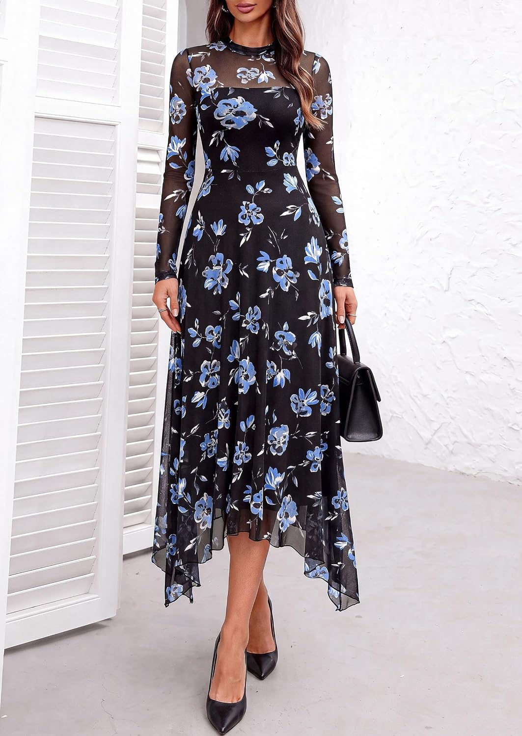 image:imagePRETTYGARDEN Womens Floral Mesh Midi DressFloral Black Blue