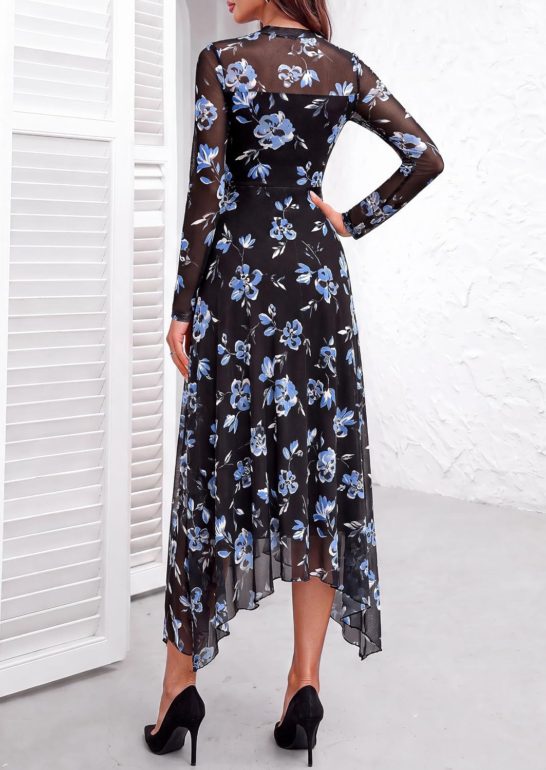 image:imagePRETTYGARDEN Womens Floral Mesh Midi DressFloral Black Blue