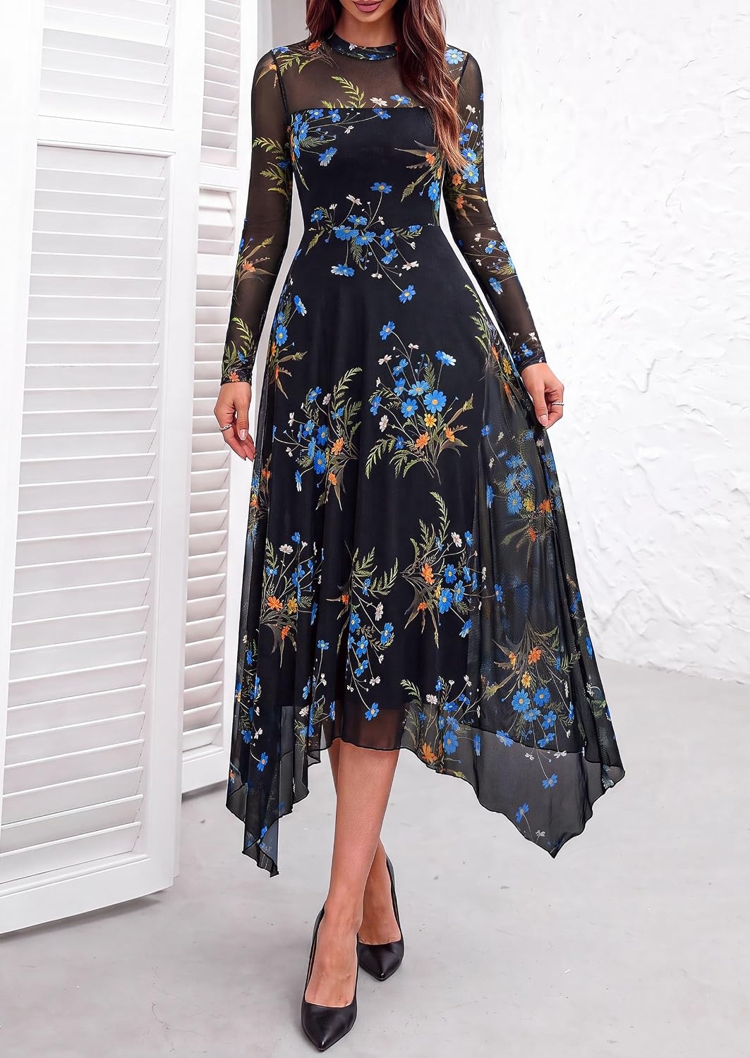 image:imagePRETTYGARDEN Womens Floral Mesh Midi DressFloral Black Blue Yellow