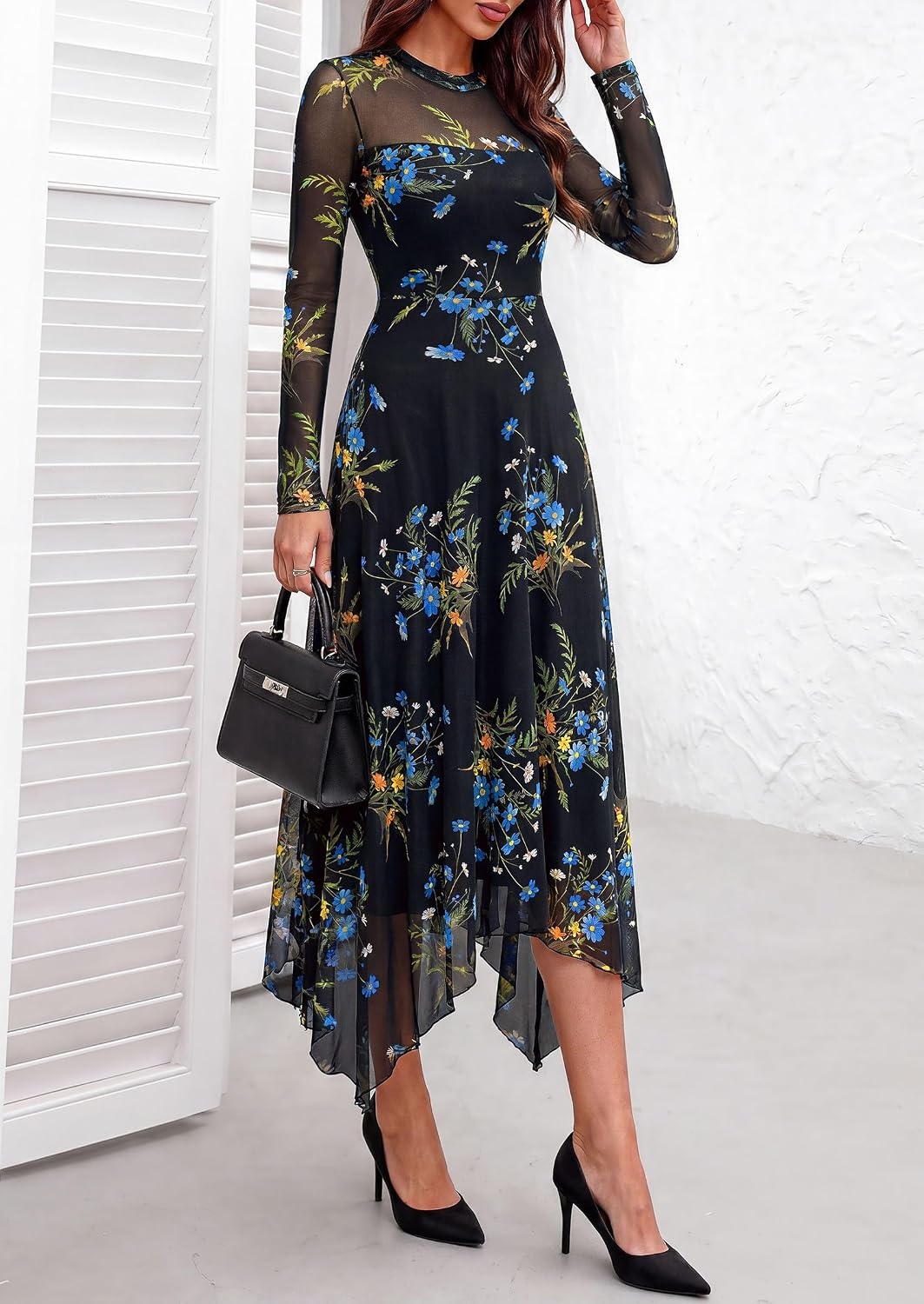 image:imagePRETTYGARDEN Womens Floral Mesh Midi DressFloral Black Blue Yellow