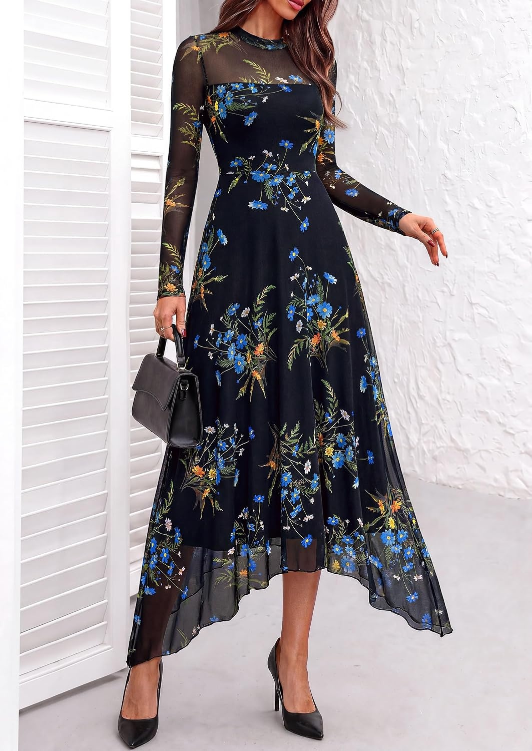 image:imagePRETTYGARDEN Womens Floral Mesh Midi DressFloral Black Blue Yellow