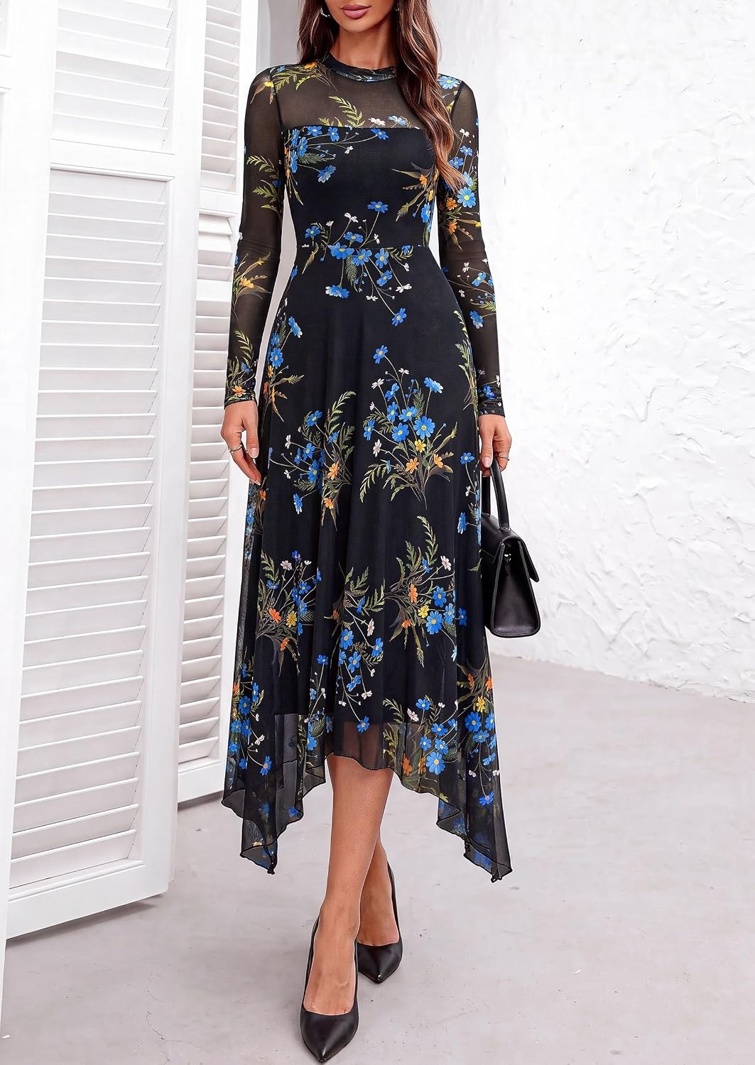 image:imagePRETTYGARDEN Womens Floral Mesh Midi DressFloral Black Blue Yellow