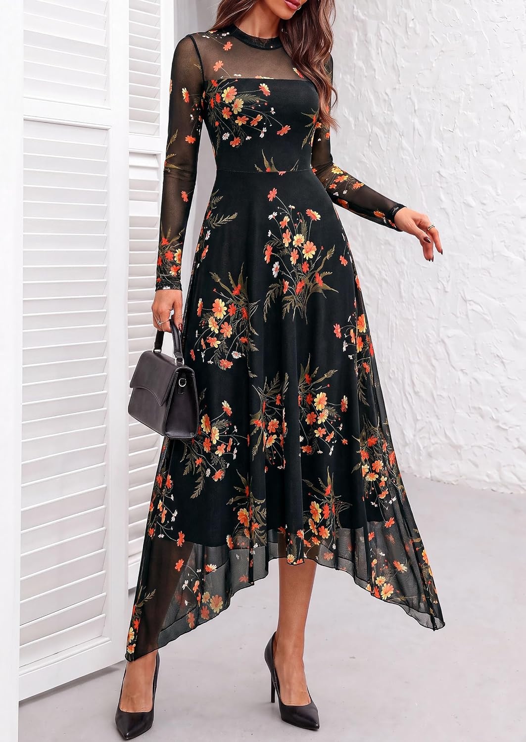 image:imagePRETTYGARDEN Womens Floral Mesh Midi DressFloral Black Yellow
