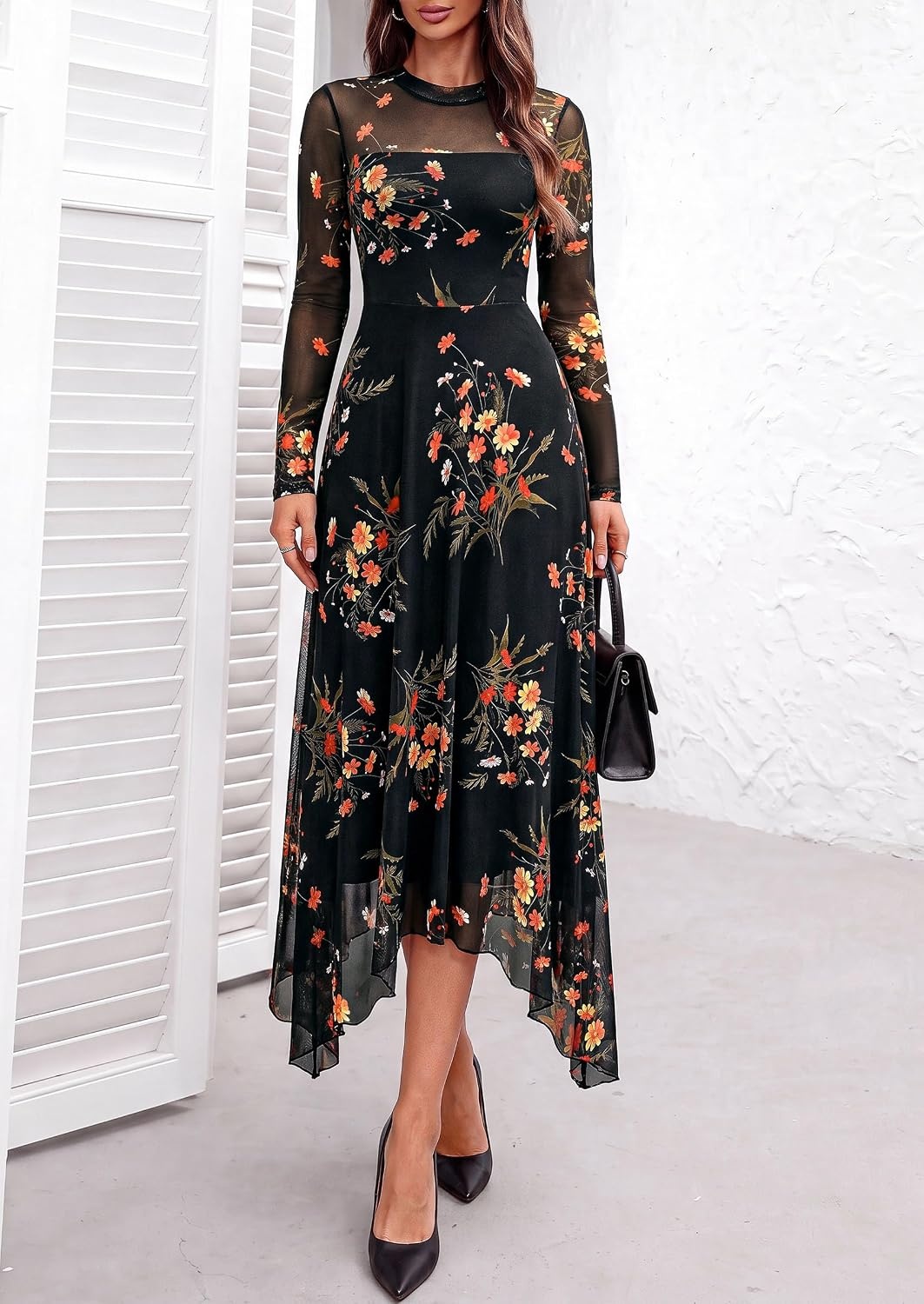 image:imagePRETTYGARDEN Womens Floral Mesh Midi DressFloral Black Yellow