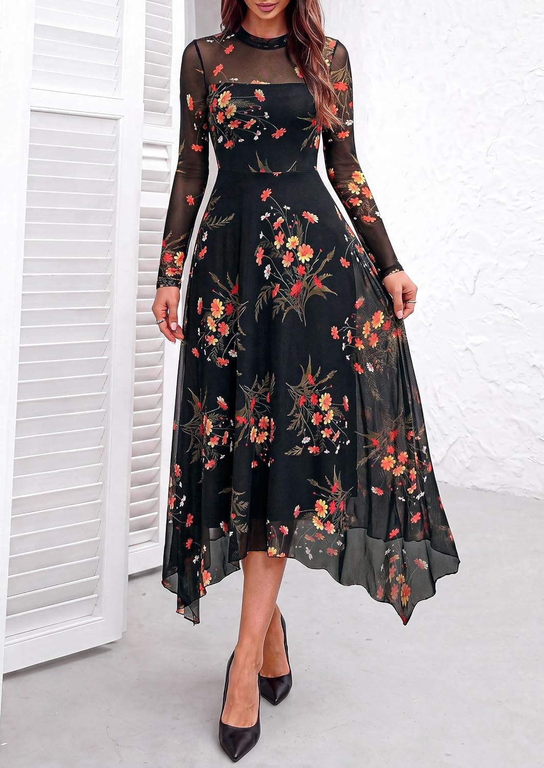 image:imagePRETTYGARDEN Womens Floral Mesh Midi DressFloral Black Yellow