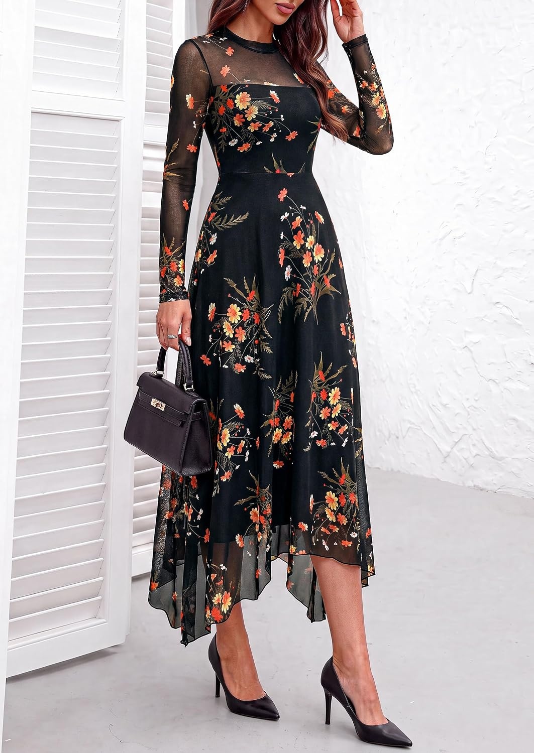 image:imagePRETTYGARDEN Womens Floral Mesh Midi DressFloral Black Yellow