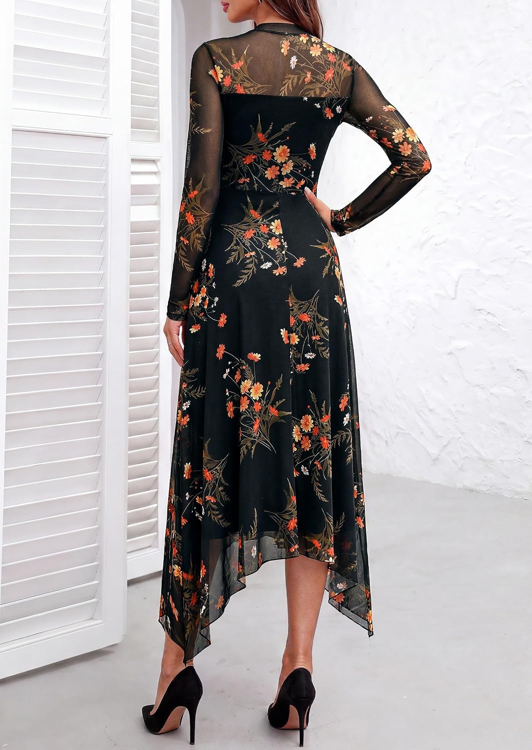 image:imagePRETTYGARDEN Womens Floral Mesh Midi DressFloral Black Yellow