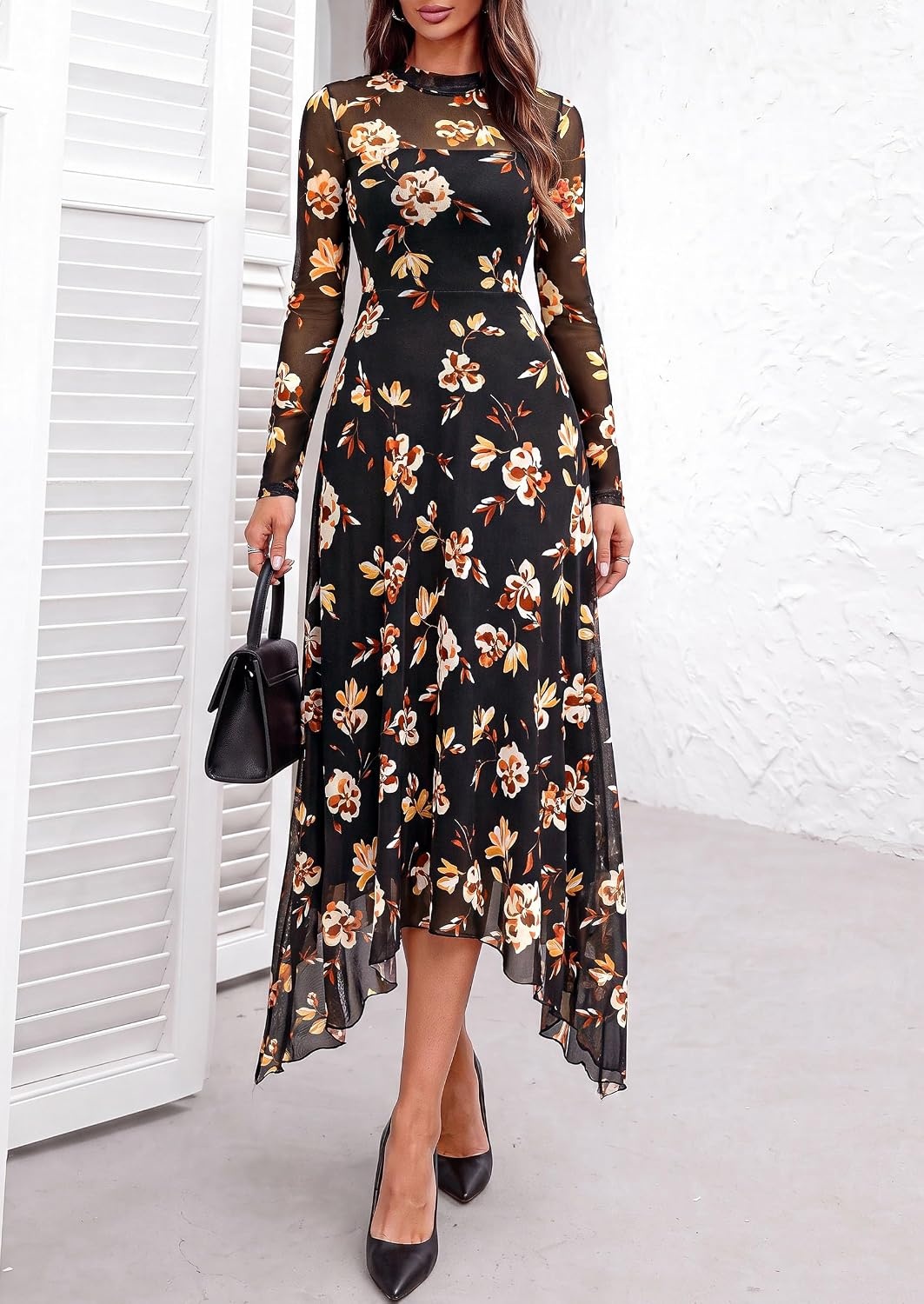 image:imagePRETTYGARDEN Womens Floral Mesh Midi DressFloral Black Yellow White