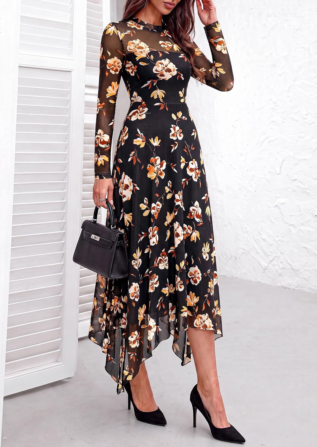 image:imagePRETTYGARDEN Womens Floral Mesh Midi DressFloral Black Yellow White
