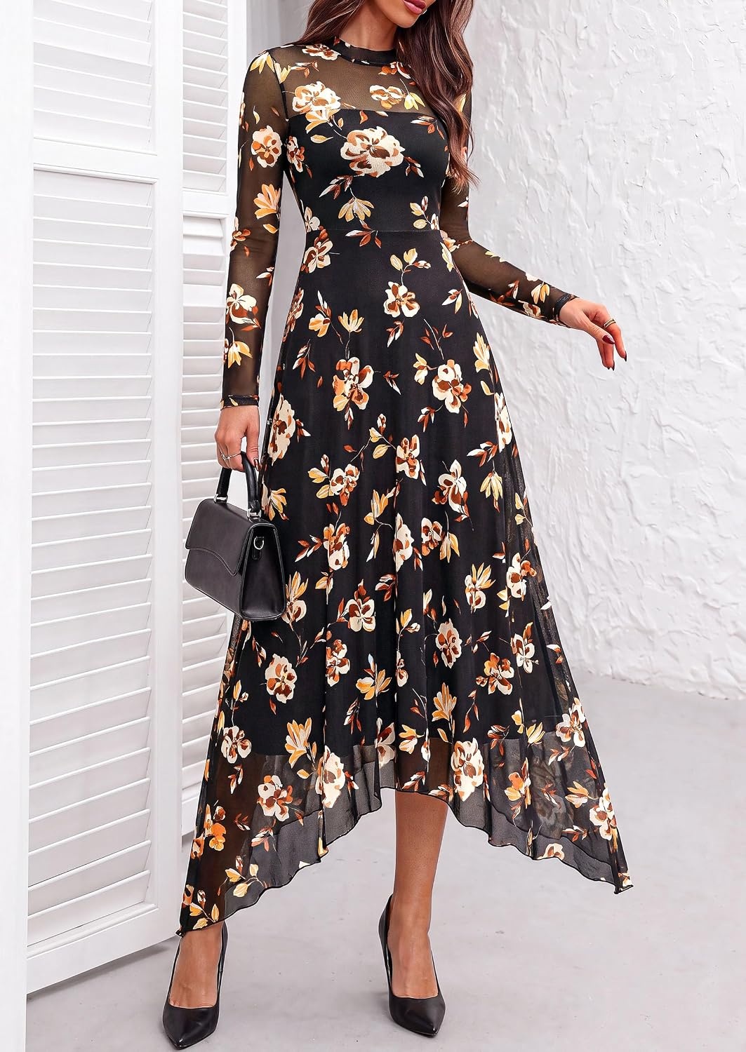 image:imagePRETTYGARDEN Womens Floral Mesh Midi DressFloral Black Yellow White