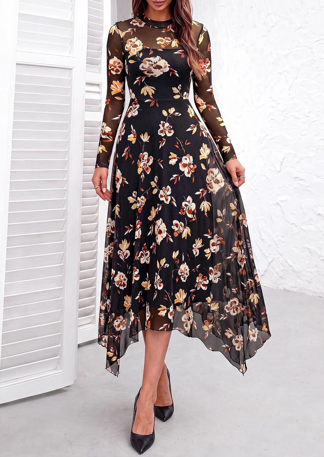 image:imagePRETTYGARDEN Womens Floral Mesh Midi DressFloral Black Yellow White