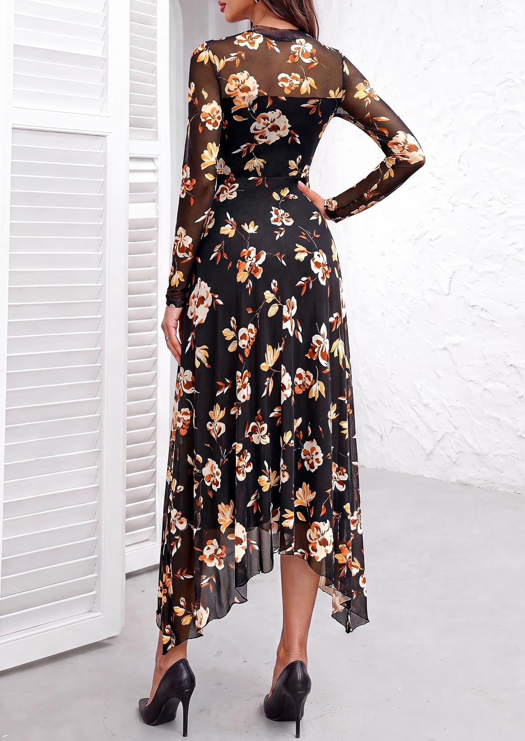 image:imagePRETTYGARDEN Womens Floral Mesh Midi DressFloral Black Yellow White