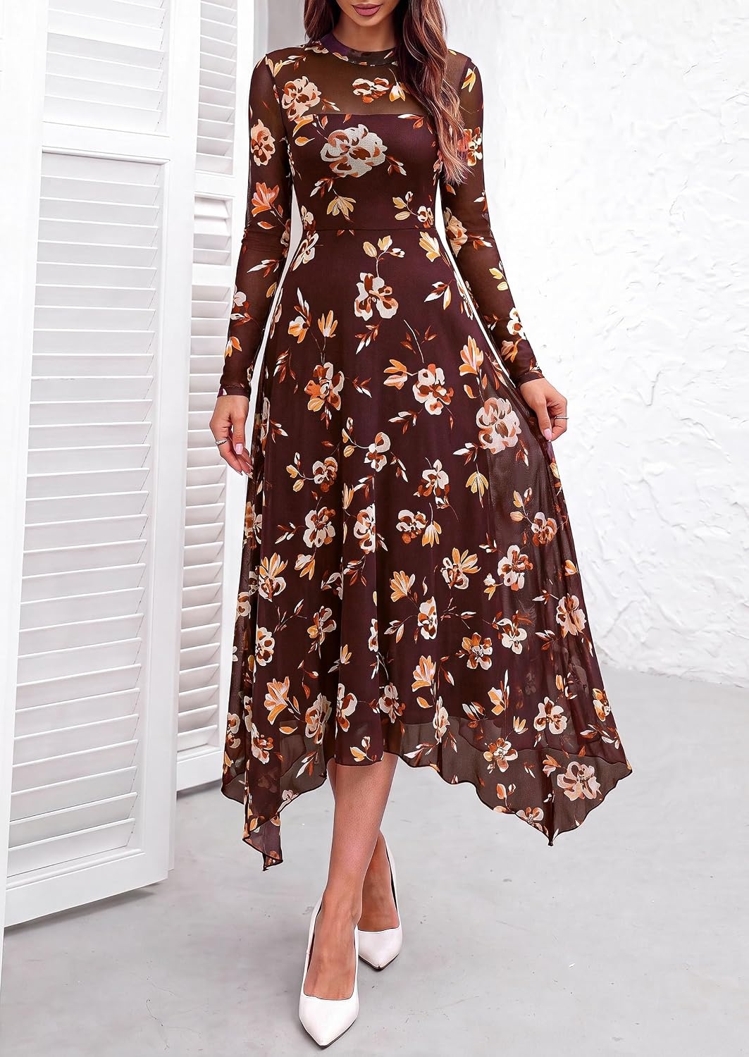 image:imagePRETTYGARDEN Womens Floral Mesh Midi DressFloral Burgundy Yellow