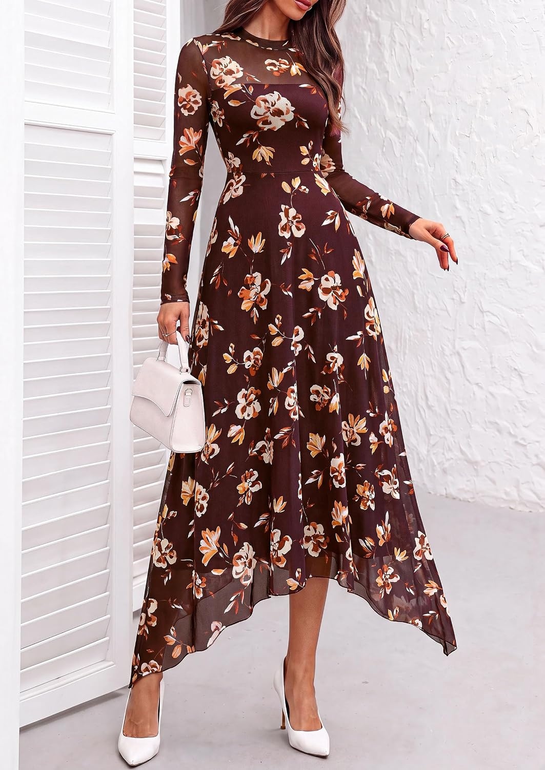 image:imagePRETTYGARDEN Womens Floral Mesh Midi DressFloral Burgundy Yellow