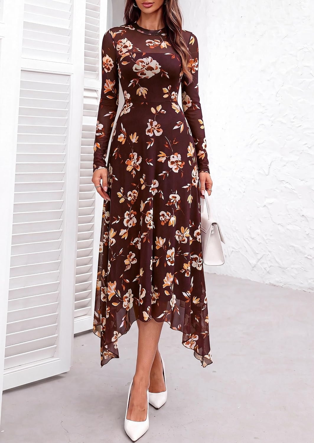 image:imagePRETTYGARDEN Womens Floral Mesh Midi DressFloral Burgundy Yellow