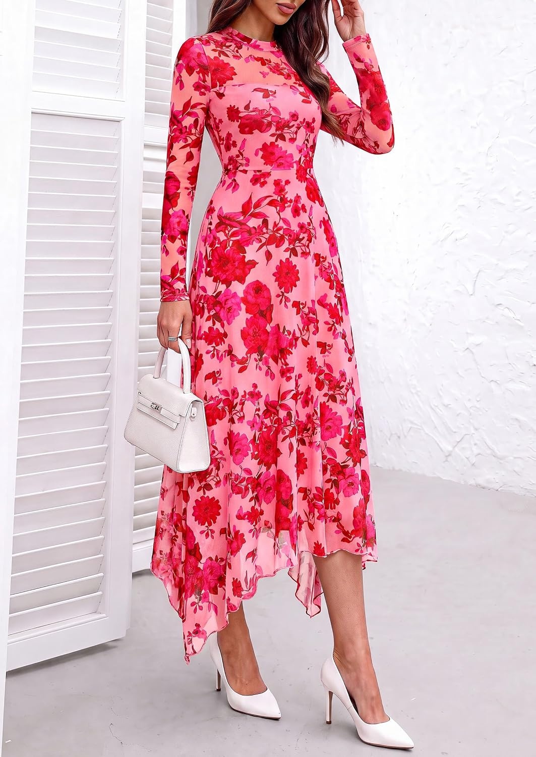image:imagePRETTYGARDEN Womens Floral Mesh Midi DressFloral Pink Red