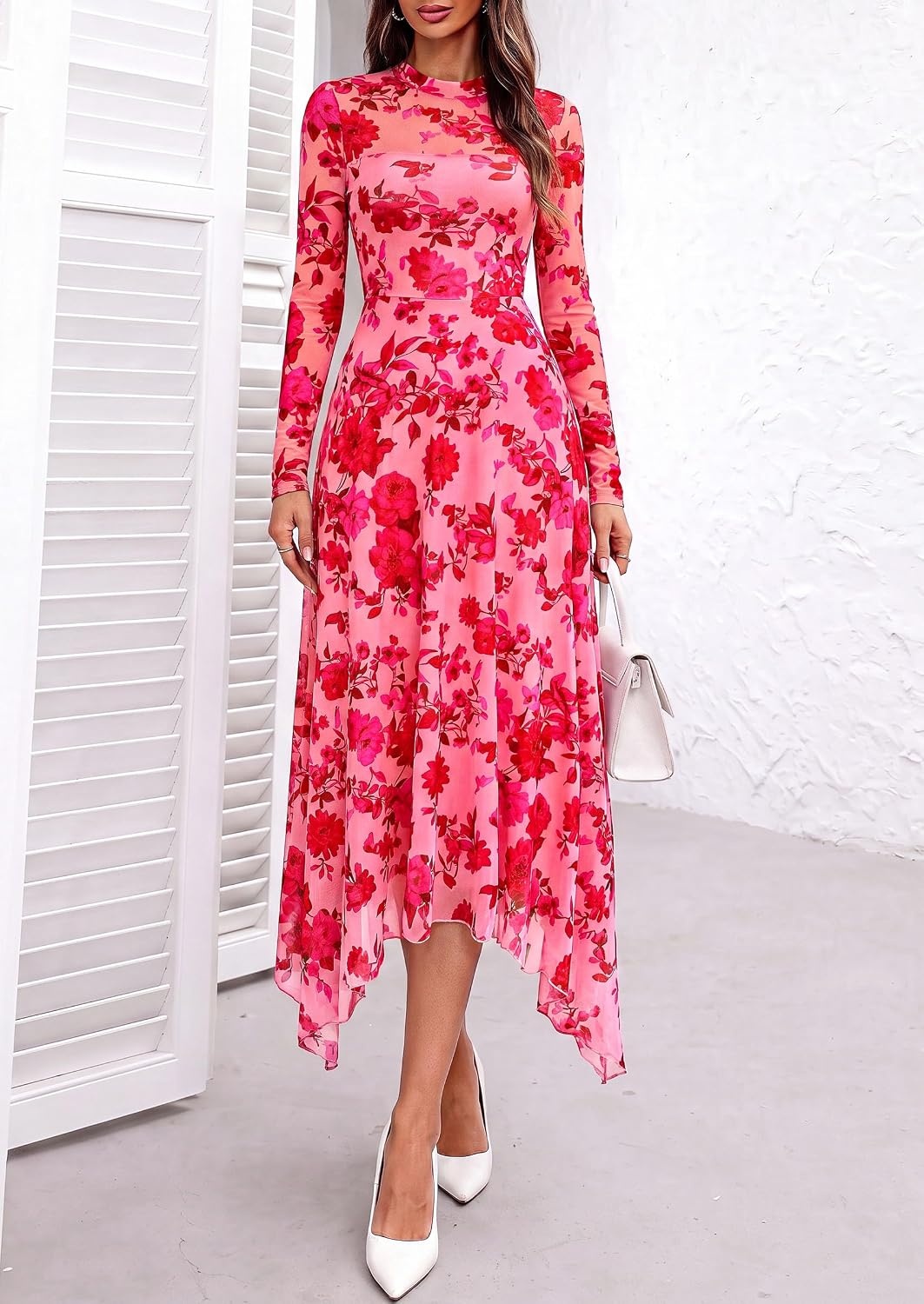 image:imagePRETTYGARDEN Womens Floral Mesh Midi DressFloral Pink Red