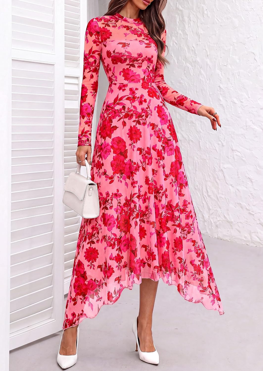 image:imagePRETTYGARDEN Womens Floral Mesh Midi DressFloral Pink Red