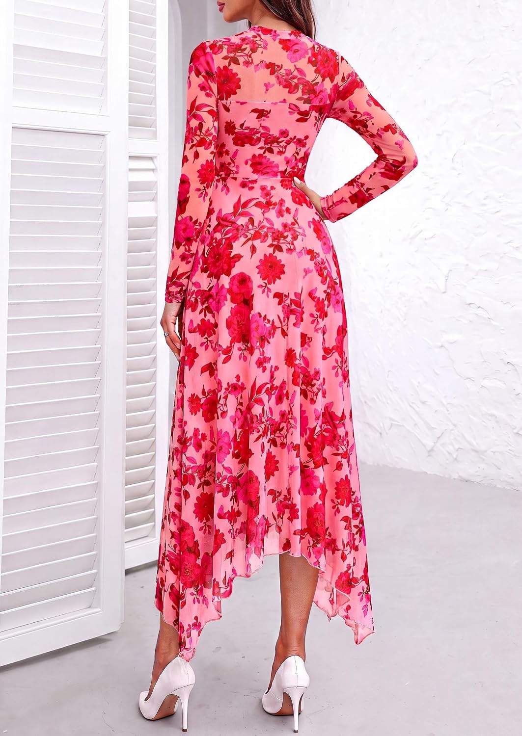 image:imagePRETTYGARDEN Womens Floral Mesh Midi DressFloral Pink Red