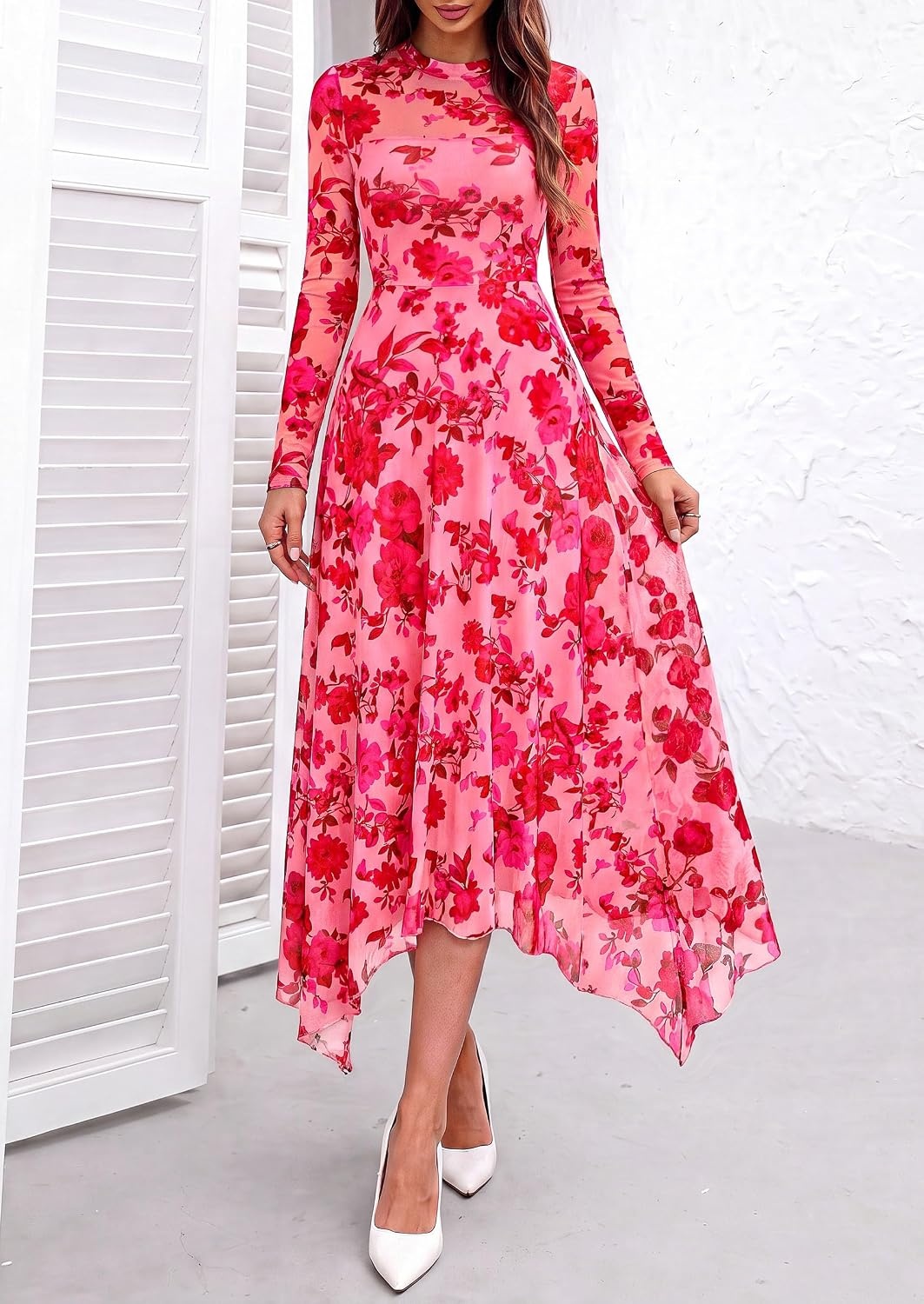 image:imagePRETTYGARDEN Womens Floral Mesh Midi DressFloral Pink Red