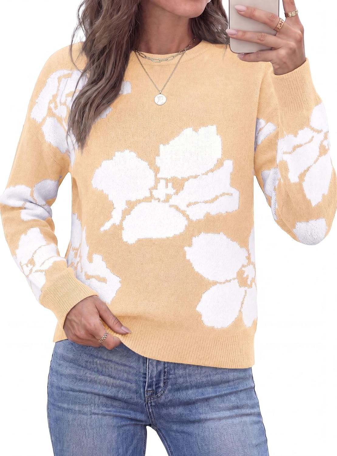 image:imagePRETTYGARDEN Womens Floral Sweater Crewneck Pullover TopsApricot
