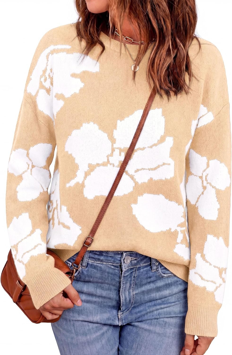 image:imagePRETTYGARDEN Womens Floral Sweater Crewneck Pullover TopsApricot