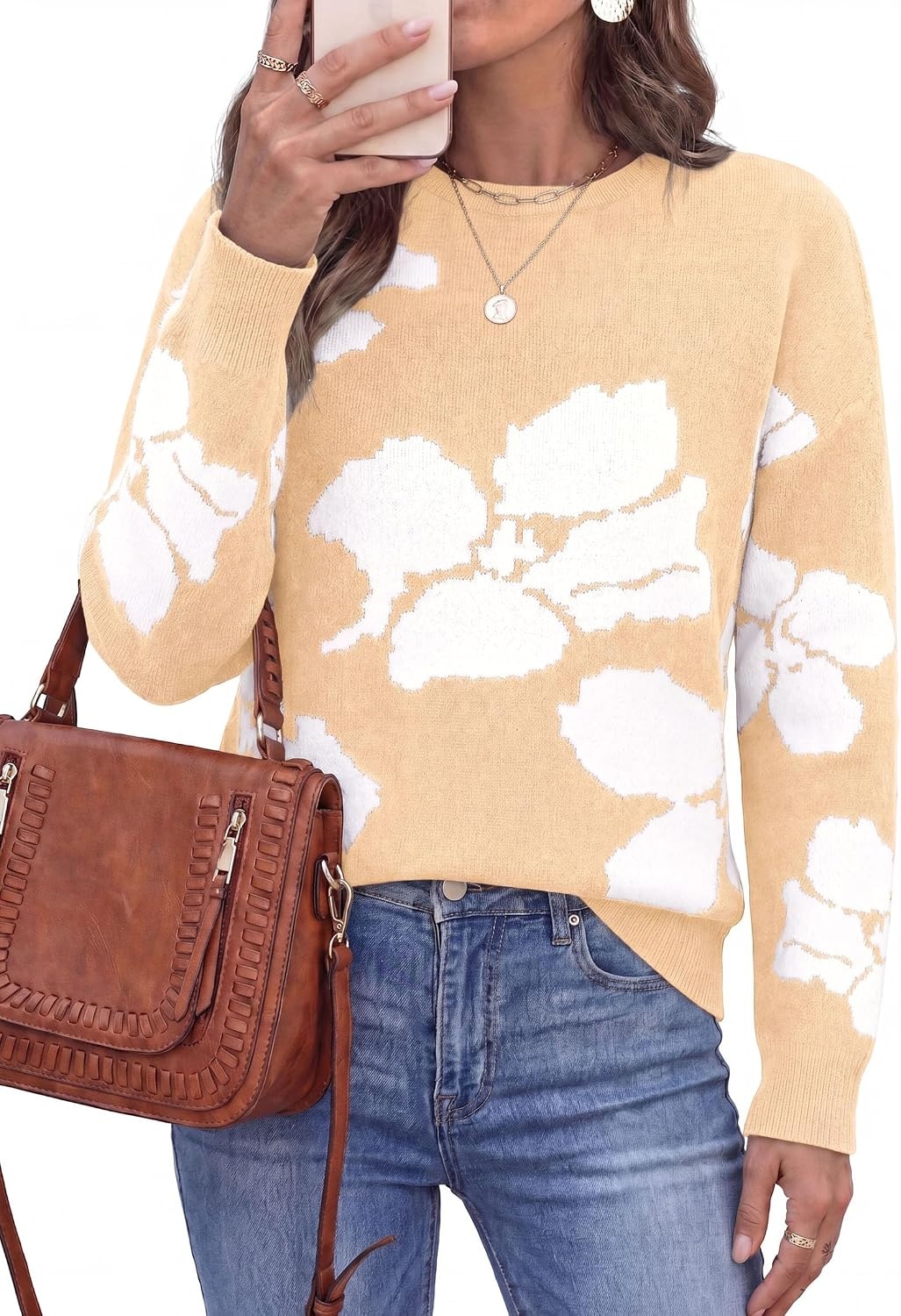 image:imagePRETTYGARDEN Womens Floral Sweater Crewneck Pullover TopsApricot