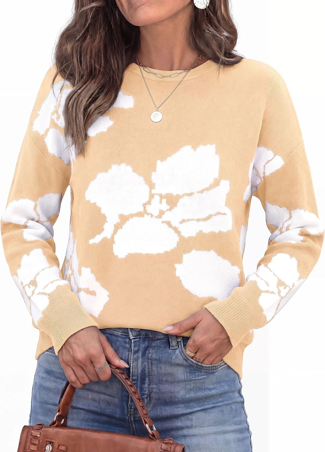 image:imagePRETTYGARDEN Womens Floral Sweater Crewneck Pullover TopsApricot