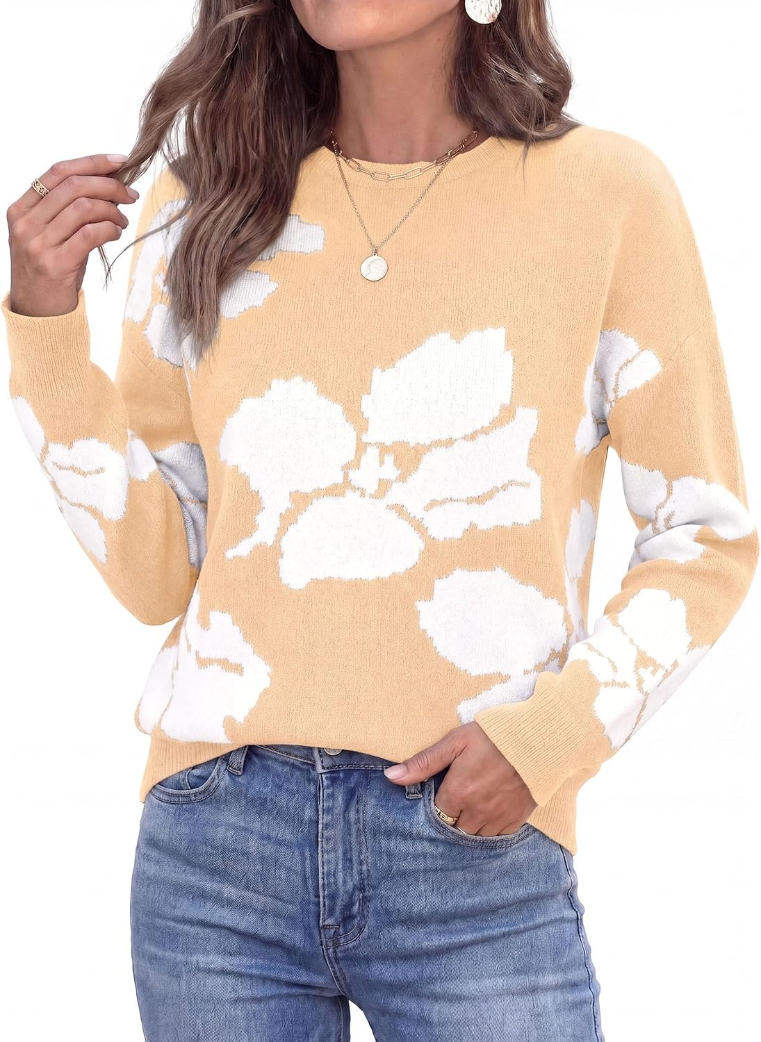 image:imagePRETTYGARDEN Womens Floral Sweater Crewneck Pullover TopsApricot