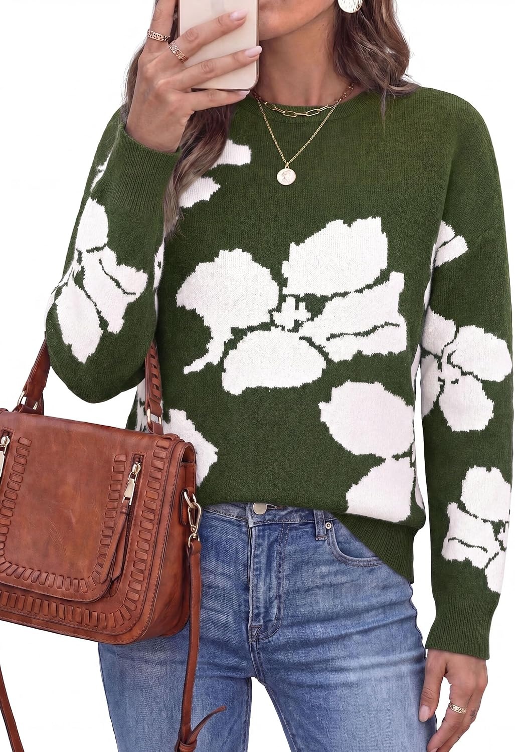 image:imagePRETTYGARDEN Womens Floral Sweater Crewneck Pullover TopsArmy Green