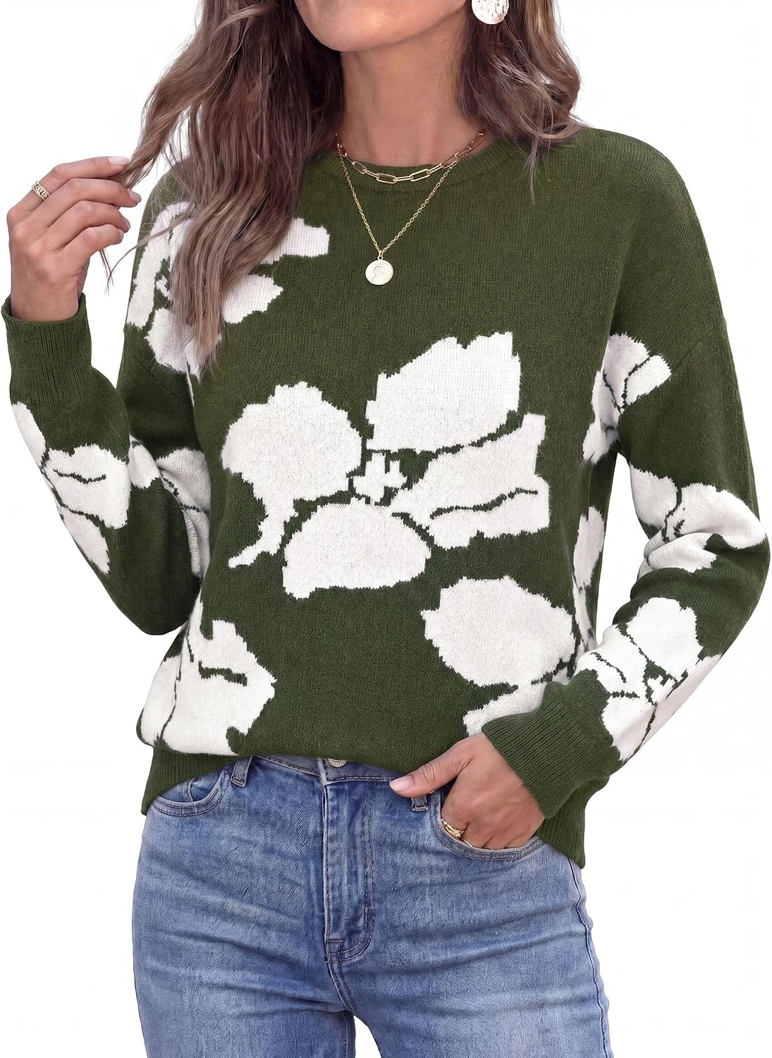 image:imagePRETTYGARDEN Womens Floral Sweater Crewneck Pullover TopsArmy Green
