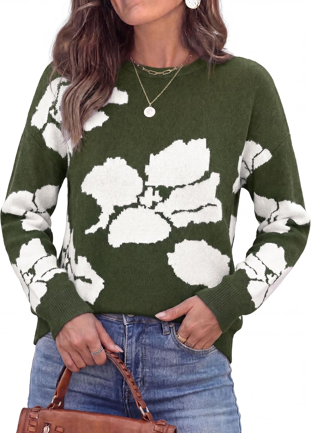 image:imagePRETTYGARDEN Womens Floral Sweater Crewneck Pullover TopsArmy Green