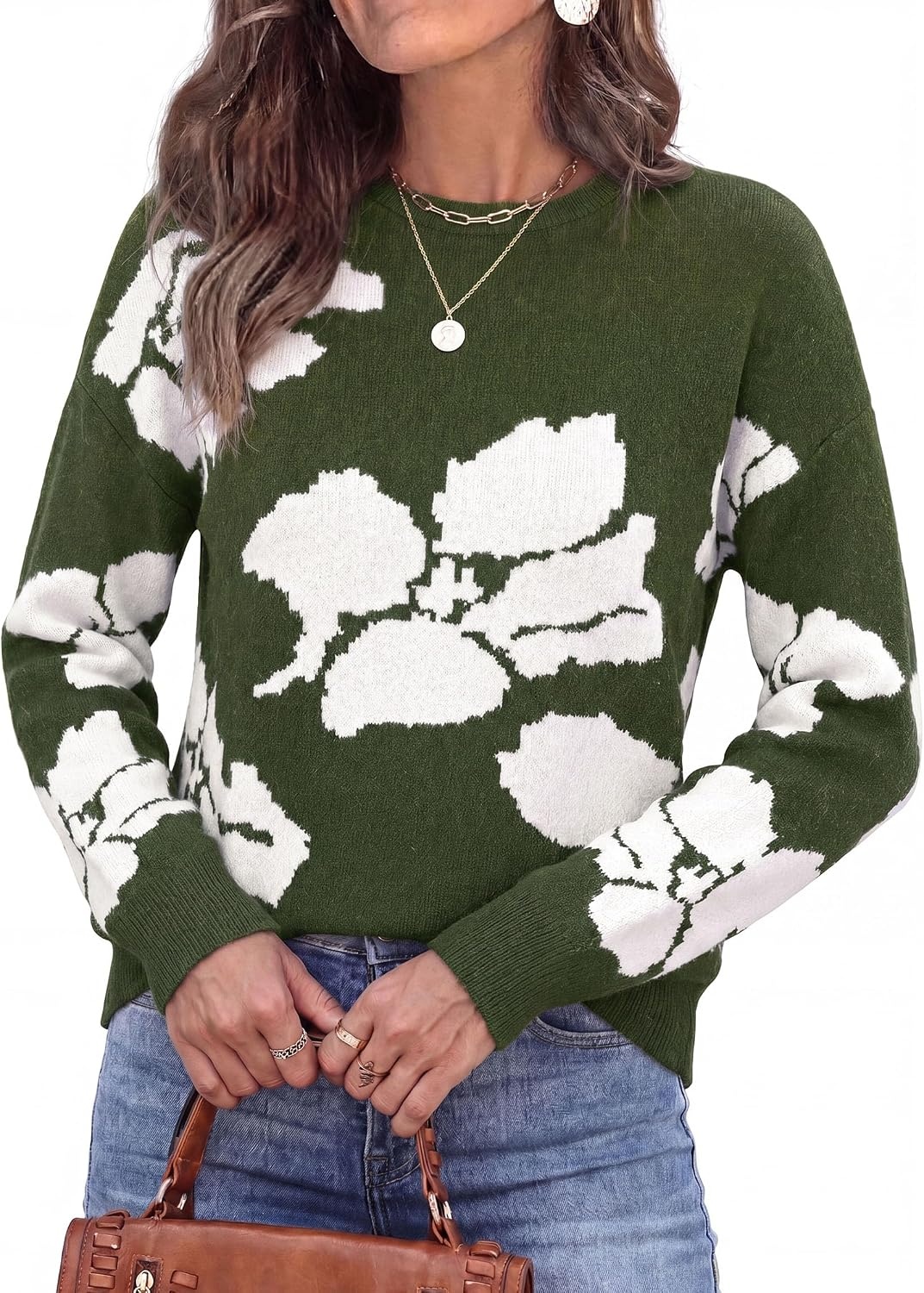 image:imagePRETTYGARDEN Womens Floral Sweater Crewneck Pullover TopsArmy Green