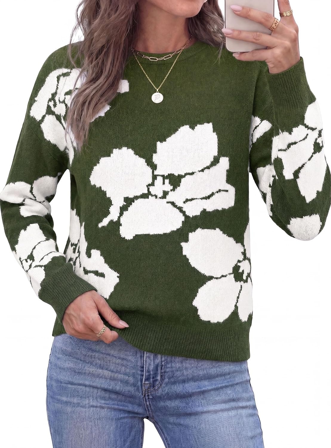 image:imagePRETTYGARDEN Womens Floral Sweater Crewneck Pullover TopsArmy Green