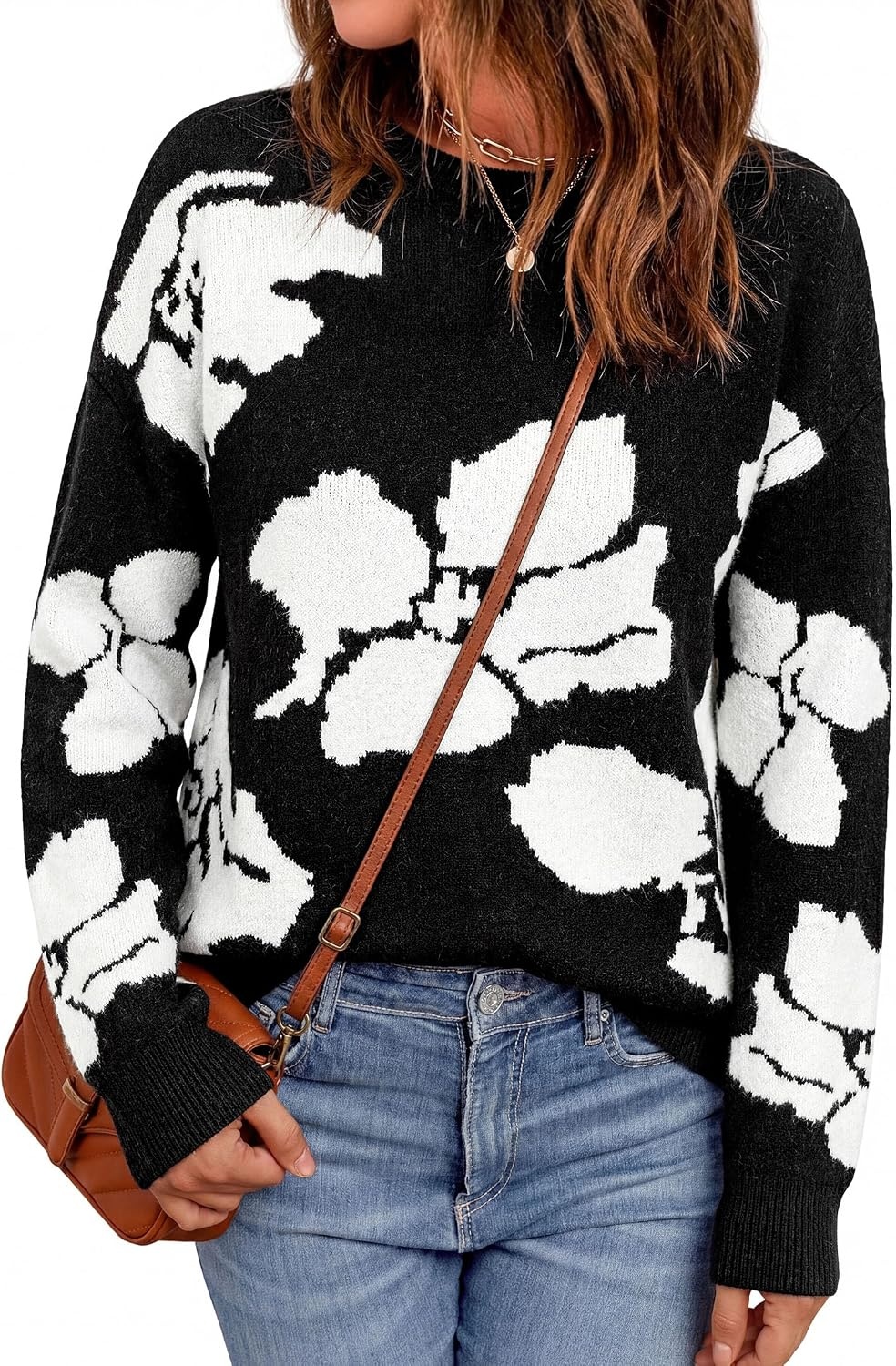 image:imagePRETTYGARDEN Womens Floral Sweater Crewneck Pullover TopsBlack