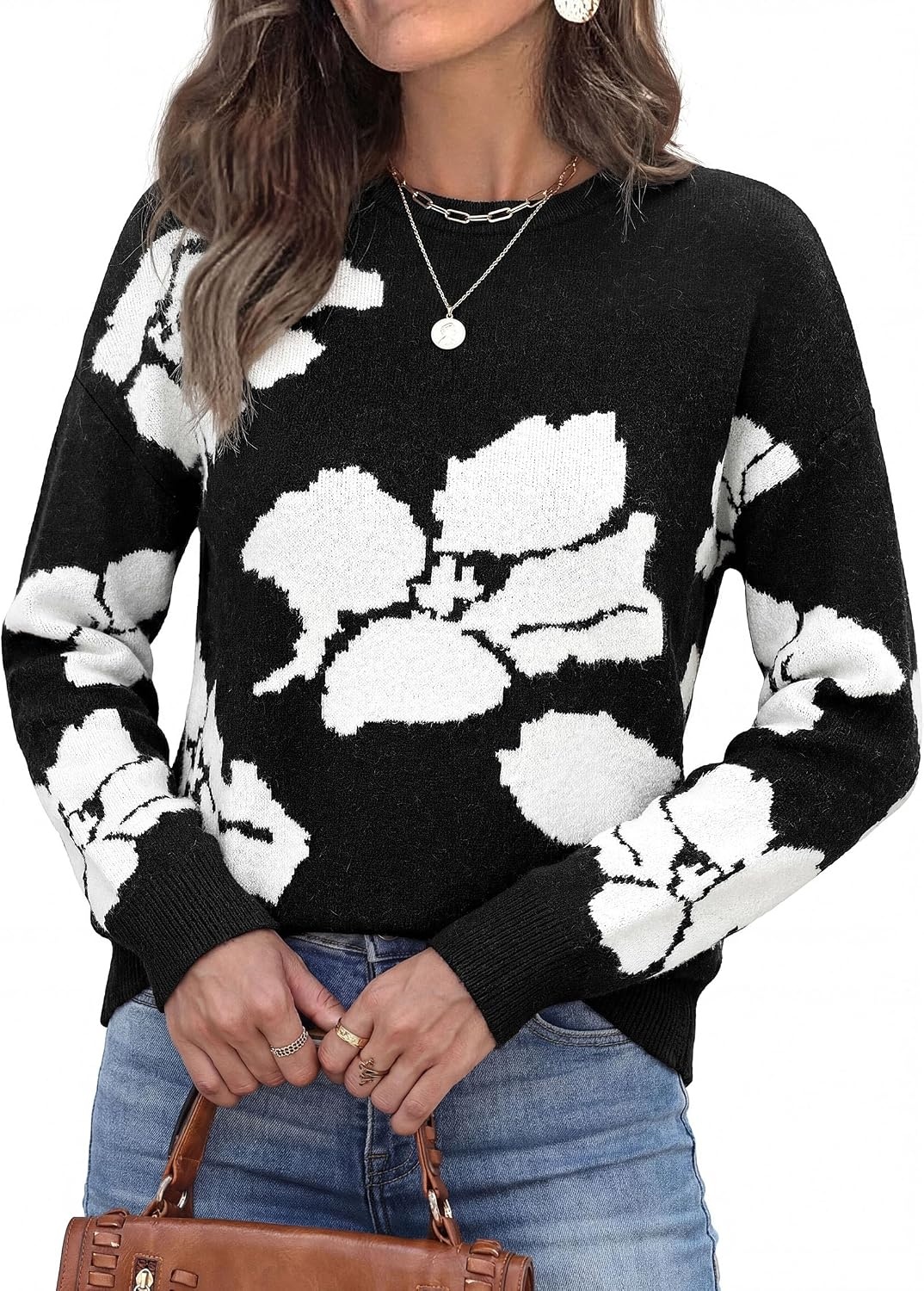 image:imagePRETTYGARDEN Womens Floral Sweater Crewneck Pullover TopsBlack