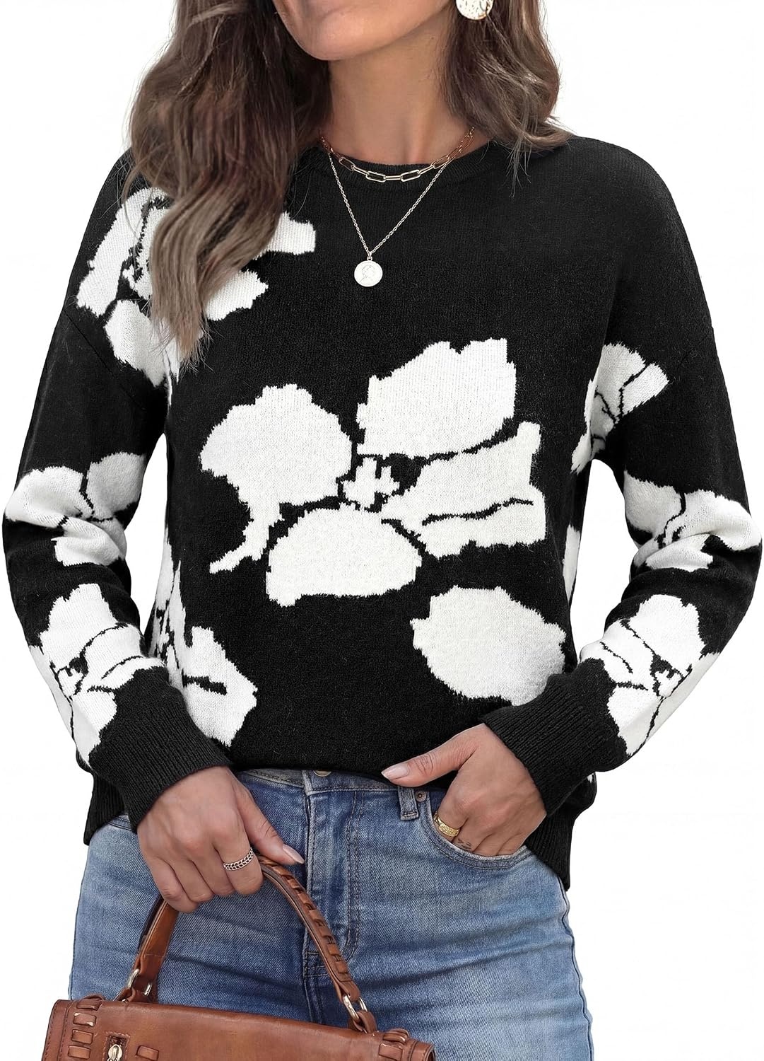 image:imagePRETTYGARDEN Womens Floral Sweater Crewneck Pullover TopsBlack