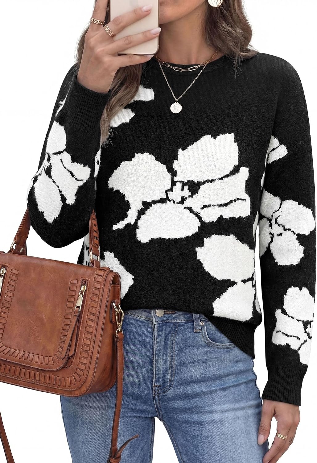 image:imagePRETTYGARDEN Womens Floral Sweater Crewneck Pullover TopsBlack